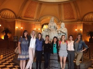 Inside the CA State Capitol Museum in Sacramento, from left to right: Audrey Buatois, Elizabeth Tenborg, Christina Thompson, Elizabeth Malcolm, Jenny Tsai, Julie Dobbs, Vicky Yang, Roxana Bordbar.